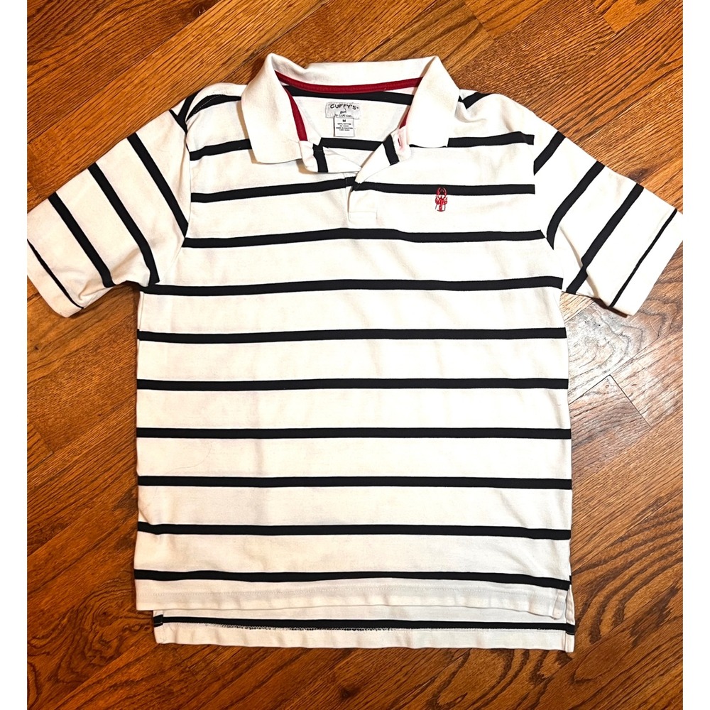 Cuffys Cape Cod Medium Polo Shirt White Navy Striped Lobster Cotton RN119113‎